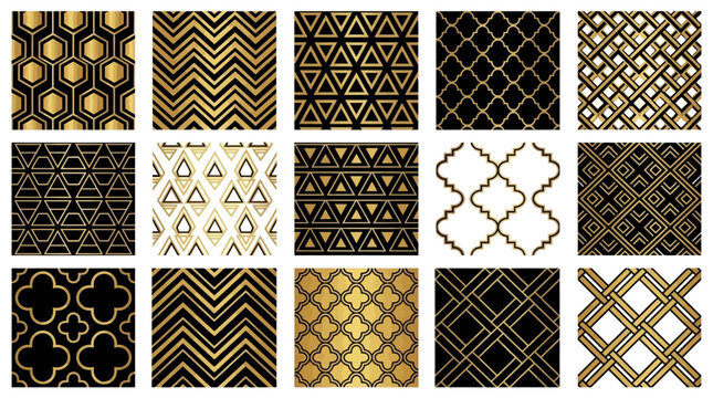Luxury Collection of Seamless Geometric Patterns in Elegant Black and Gold Metallic Textures, Sophisticated Minimalist Vector Graphic Design for Premium Ornaments and Decorative Backgrounds