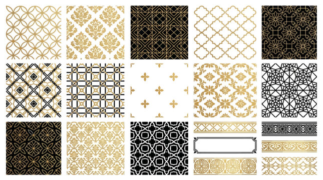 Elegant Seamless Geometric Pattern Set in Gold and Black Colors Featuring Minimalist Art Deco Vector Graphic and Modern Decorative Texture for Wallpaper Background and Graphic Design Project