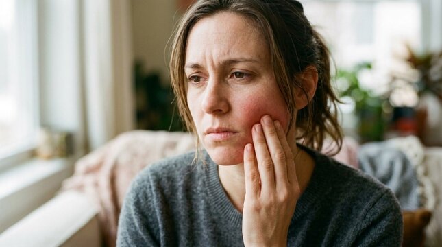Close-up portrait of a woman with toothache touching her inflamed red cheek, worried expression, indoor natural window lighting, healthcare medical wellness and pain management concept