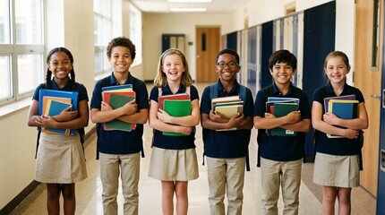 Fototapeta premium Group of happy diverse elementary young students in navy blue polo shirts and khaki bottoms holding colorful books and notebooks in school hallway, smiling children ready for class, education