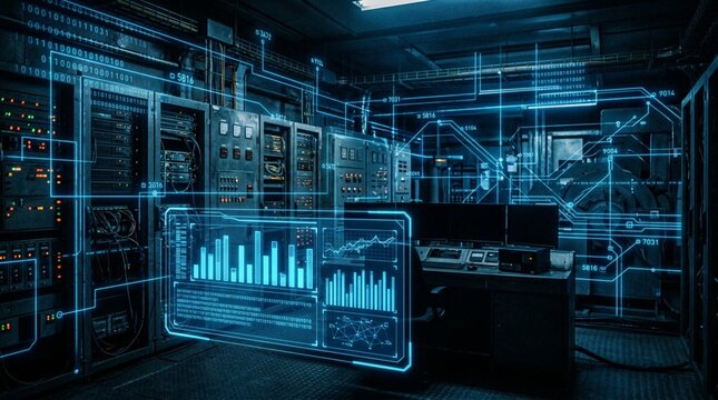 Futuristic Data Center Server Room with Glowing Blue Cybersecurity Overlay, Digital Network Visualization, Floating Charts and Big Data Analytics Interface in High-Tech Environment, Abstract Idea