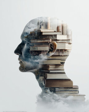Double Exposure Man Head Silhouette with Stacked Books and Cityscape