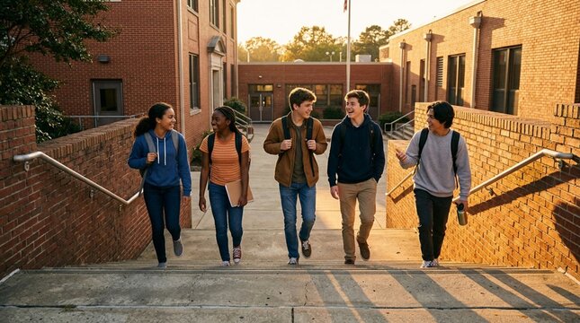 Group of Happy Diverse Teenage Students Walking Down Concrete School Stairs Together at Golden Hour Sunset, Carrying Backpacks and Books, Friendship and Education Concept, Warm Lighting on Brick
