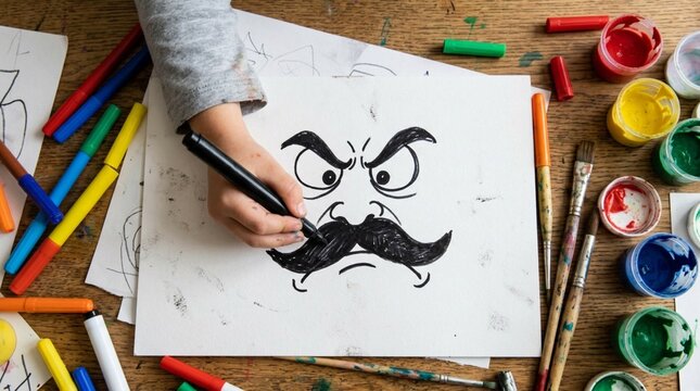Child Hand Drawing Angry Cartoon Face with Thick Black Mustache Using Black Marker on White Paper, Creative Kids Art Activity with Colorful Paints, Brushes and Art Supplies on Wooden Table