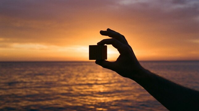 Silhouette of human hand holding small wooden cube against vibrant orange sunset sky over calm ocean horizon, warm golden light reflecting on water surface, creative minimal artistic composition