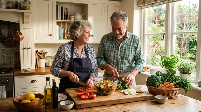 Happy Senior Couple Cooking Together in Kitchen, Chopping Fresh Vegetables on Wooden Cutting Board and Preparing Healthy Salad, Retirement Lifestyle, Domestic Bliss, Healthy Eating, Senior Love