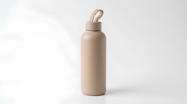 Minimalist Matte Beige Reusable Water Bottle with Soft Loop Handle Standing Upright on Clean White Surface, Modern Sustainable Hydration, Eco-Friendly Drinkware, Contemporary Minimal Design