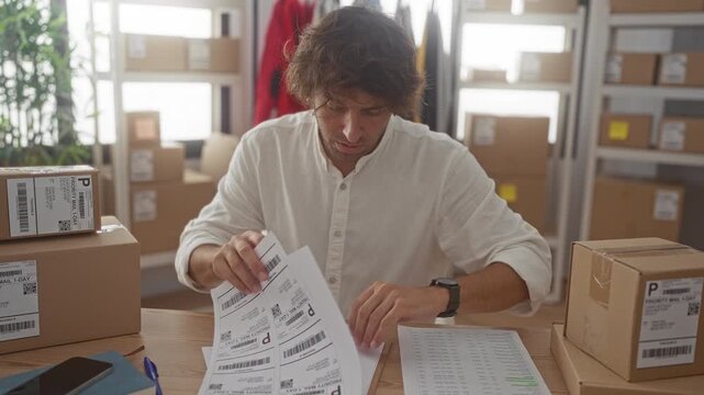 Man sorting shipping labels with hands at a packing table amid boxes in a building; focused productivity.