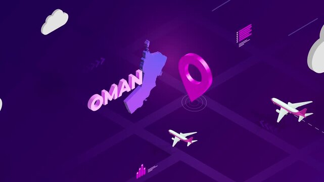 Isometric Design, Oman Map Silhouette Location Pin and Airplanes on Purple Animation, Travel Background