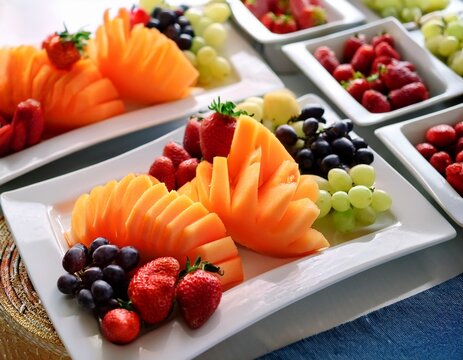 a vibrant fruit buffet featuring sliced cantaloupe strawberries grapes and other fresh fruits arranged on white serving trays