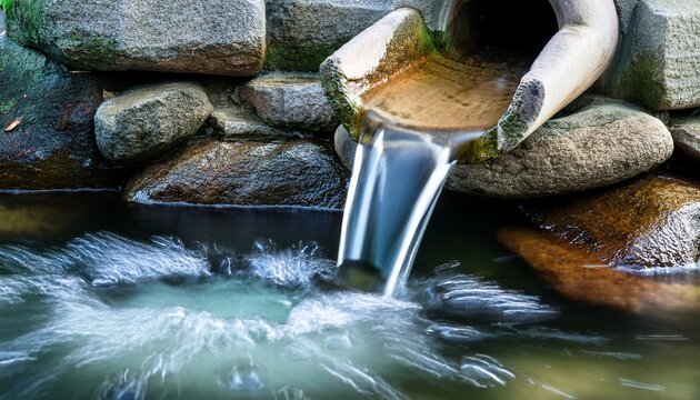 natural water source well close up water gently flowing from a natural stone fountain into a serene pond