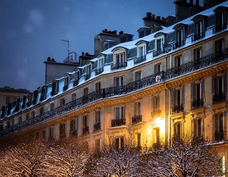 paris france europe lifestyle a nighttime urban scene depicts a row of historic europeanstyle buildings covered in snow the buildings feature ornate facades arched windows and balconies