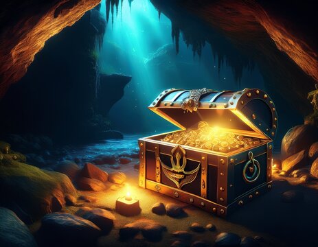 treasure chest with pirates treasure hidden in the cave generative ai