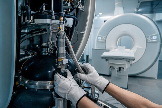 Engineer in white gloves servicing helium cold head and compressor of MRI scanner. Cryogenic system maintenance of magnetic resonance imaging equipment. Generative AI.