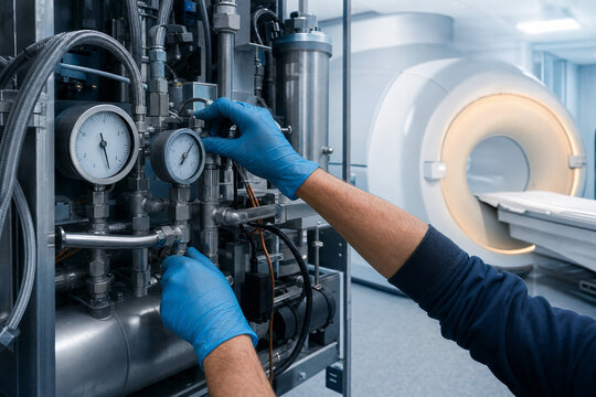 Engineer in blue gloves adjusting pressure gauges on cryogenic cooling system beside MRI scanner. Helium chiller maintenance of medical imaging equipment. Generative AI.