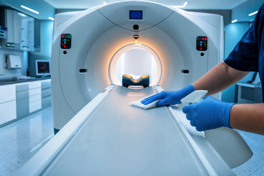 Healthcare worker in blue gloves disinfecting CT scanner patient table with spray bottle and wipe. Hospital hygiene and infection control in radiology. Generative AI.