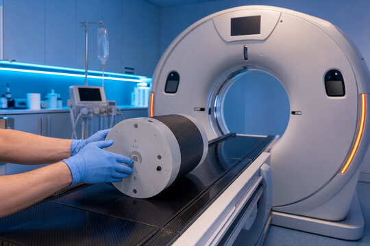 Technician in blue gloves placing cylindrical calibration phantom on CT scanner table for quality control testing in blue lit hospital scan room. Generative AI.