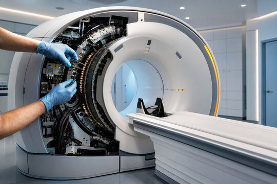 Service engineer in blue gloves repairing open gantry of a CT scanner showing detector ring. Medical imaging equipment maintenance in hospital radiology department. Generative AI.