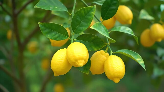 Bright yellow citrus fruits and dark green leaves on a tree, soft focus background