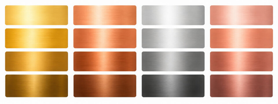 Gold, copper, silver, rose gold gradient swatch set. Brushed foil shades, light to dark horizontal bands. For badge, label, ribbon, frame, banner. Vector metallic texture palette.