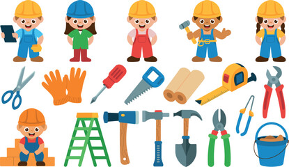 Obraz premium Cute Construction Worker Children and Repair Tools Vector Character Set Featuring Little Builders Helmets Hammer Screwdriver Ladder and Pliers for Educational Graphic Designs