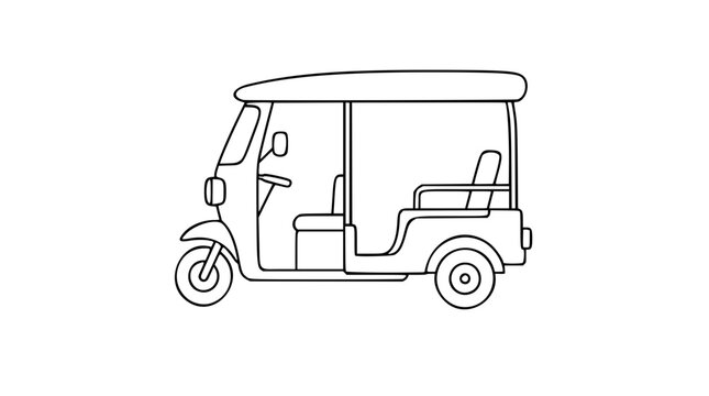 Hand-drawn tuk tuk vector icon with minimalist line art design. Scalable outline illustration of traditional Asian auto rickshaw transportation vehicle.