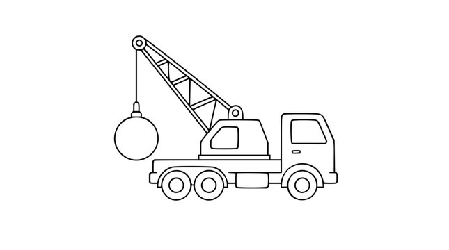 Hand-drawn vector icon of a wrecking ball crane truck, demolition vehicle with heavy spherical weight, minimalist line art for construction industry and machinery, scalable outline graphic element