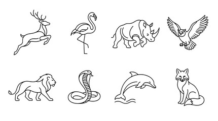 Obraz premium Collection of handdrawn line art animal illustrations including deer flamingo bear eagle lion snake dolphin fox
