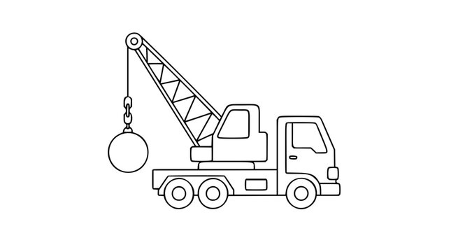 Minimalist Vector Illustration of a Heavy-Duty Wrecking Ball Crane Truck with Telescopic Boom and Steel Sphere, Rendered in Clean Line Art Style for Construction and Engineering Design Projects