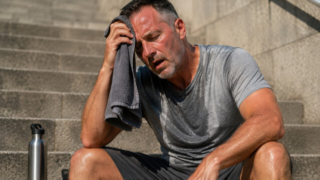 Tired man resting on outdoor stairs after intense workout, wiping sweat, experiencing heat and exhaustion in summer