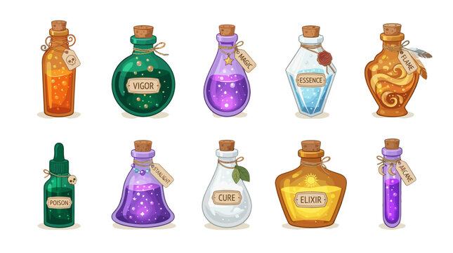 Collection of colorful potion bottles with cork stoppers and decorative labels