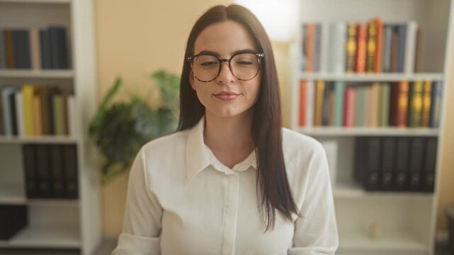 Woman wearing glasses looks at camera while seated with bookshelf, plant and binders in a building; calm professional confidence.