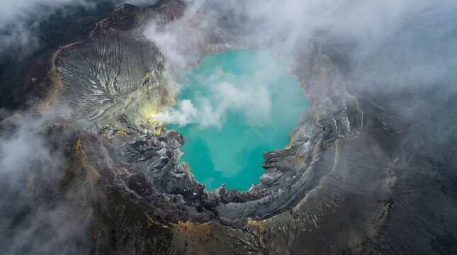 Aerial landscape of Kawah Ijen crater highlighting volcanic geology and turquoise crater lake. Great for travel, science, and environmental campaigns.