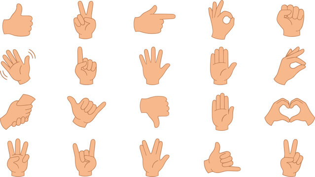 Hand gestures line art collection featuring cartoon hands with thumbs up peace sign heart shape and hello waves