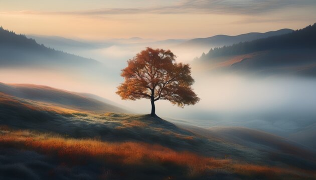 a tree stands alone on a hill in a foggy misty landscape