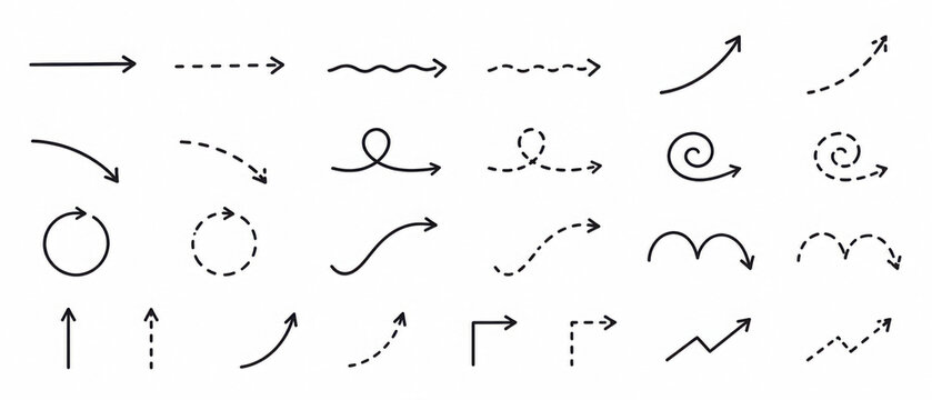 Dashed curved arrow icon set. Directional pointers and flow symbols with dotted line paths, curved movement arrows, and arch design elements. Vector illustration.