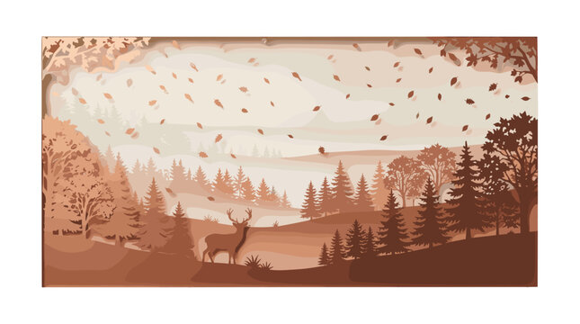 Serene autumn landscape with deer in forest overlooking distant hills and trees