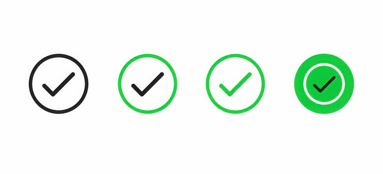 Green check mark icon, set approve tick in circles
