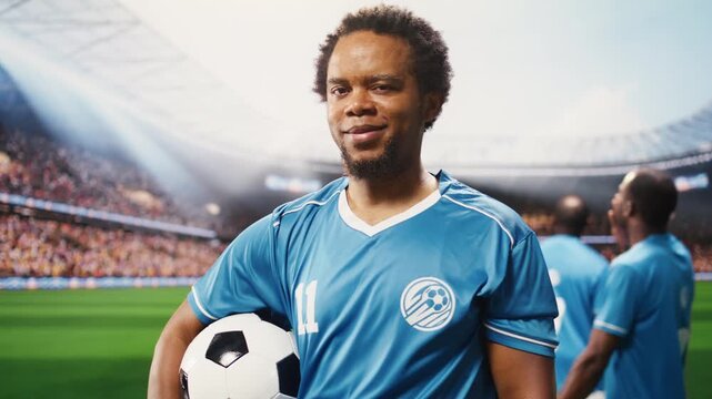 Portrait of soccer player in blue jersey smiling while holding ball on pitch, stadium entrance with teammates before game, match day confidence and motivation.