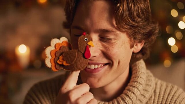 Young man smiling at turkey finger puppet for Thanksgiving