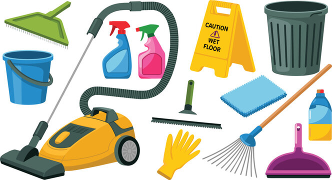 Housekeeping janitorial supply kit vector illustration featuring modern vacuum canister dustpan chemical sprayers and floor squeegee
