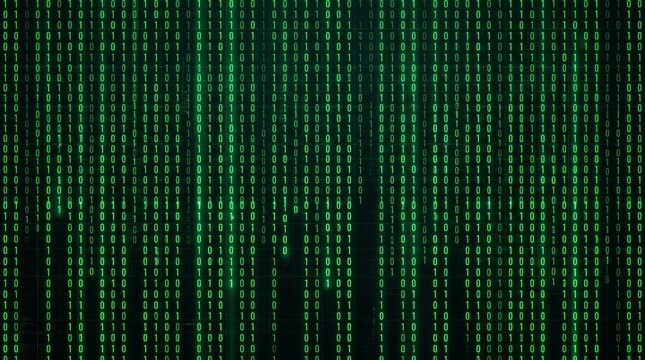 Binary code stream of green glowing numbers cascading on dark background with technology programming software information background computer development encryption internet cascading