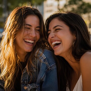 Close up of two friends laughing together outdoors at golden hour