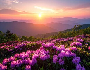 Fototapeta premium Vibrant rhododendrons bloom on a mountainside at sunset.