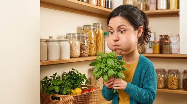 Puffed Cheek Cook Choosing Fresh Herbs in Colorful Pantry Alcove