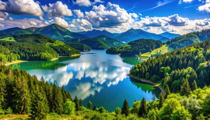 Fototapeta premium Scenic mountain lake reflecting a vibrant sky with fluffy clouds.