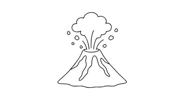 Erupting volcano vector icon with lava flow and ash cloud hand-drawn outline illustration for geological and disaster design