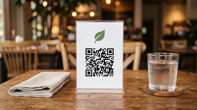 Modern caf&eacute; table with QR code menu and glass of water for digital ordering experience