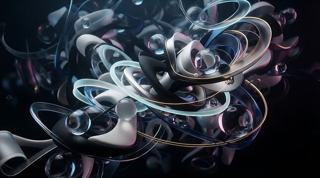 Abstract metallic rings intersect with glass orbs in a complex three dimensional composition.