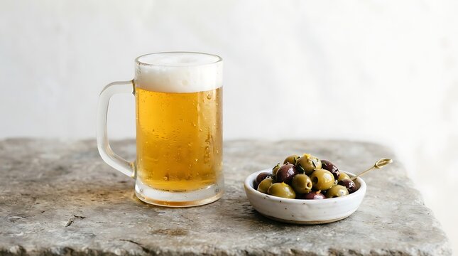 Beer and Olives Pairing: A refreshing mug of golden beer with a frothy head sits beside a small bowl filled with assorted olives on a rustic stone surface.